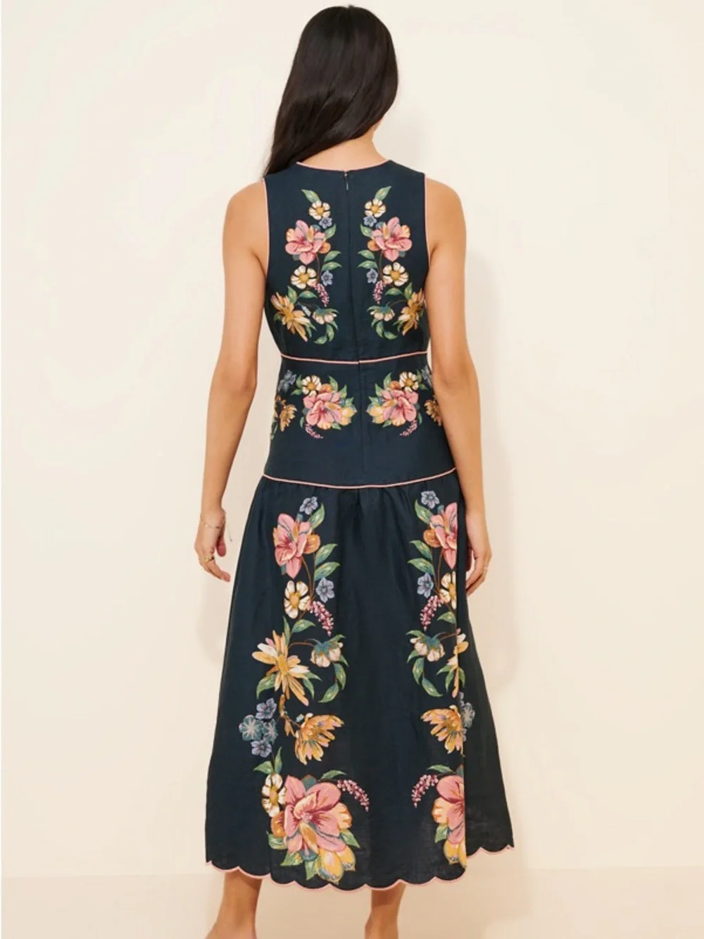 FARM Rio Maira Floral Dark Blue Linen Midi Dress Size Medium NWT - Picture 6 of 16